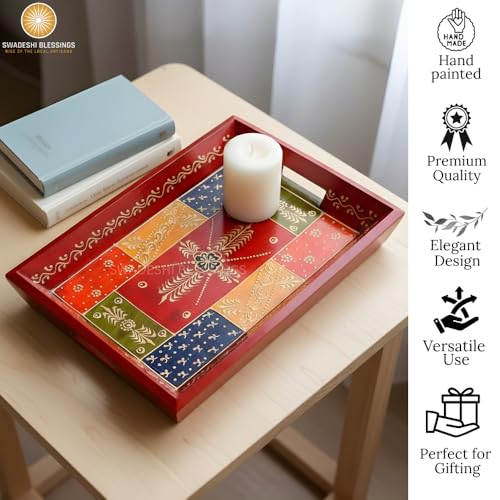 Hand Painted Wooden Serving Tray Set of 3 (Antique Red / Set of 3)