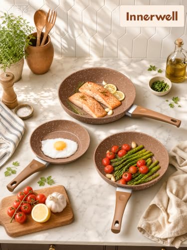 Nonstick Ceramic Frying Pans Skillets Set with Lid 8"+9.5"+11" (Gold)