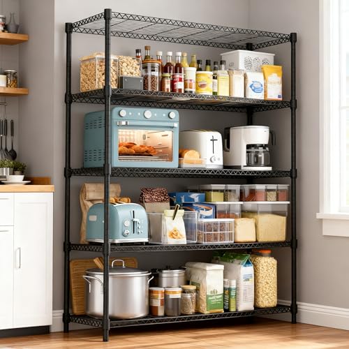 1750LBS 47.2" W 5 Tiers Shelf Steel Storage Shelves Shelving Unit Steel Organizer Wire Rack for Home (5 tier, 17.7" D x 47.2" W x 72.4" H / Black)