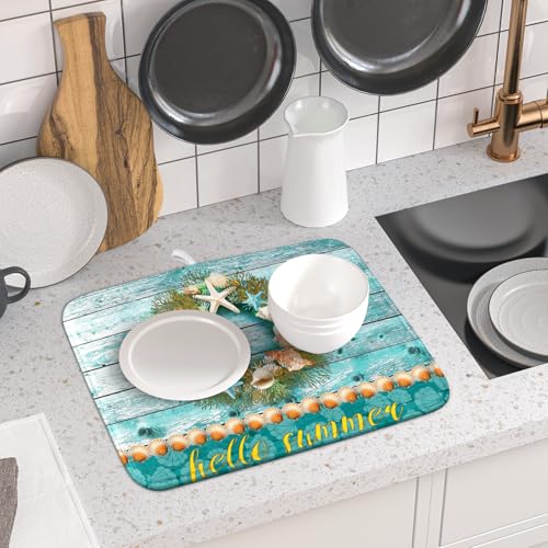 Coastal Wreath Dish Drying Mat 16x18 inch Starfish Shell Absorbent Microfiber Dish Rack Mats Drainer Pad Kitchen Countertop Accessories (Coastal Wreath / 16" x 18")