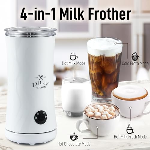 Zulay 4-in-1 Milk Frother and Steamer - Automatic Hot and Cold Foam Maker with Auto Shut Off & Temperature Control for Coffee, Latte, Cappuccino, Hot Chocolate - White (Clear White / Frother Steamer)