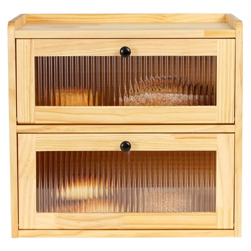 Bread Box for Kitchen Countertop Wooden Bread Storage Container Bin 2 Layer Breadbox Holder Large Capacity Keeper Vintage Farmhouse Food Organizer Pantry Shelf Acrylic Window（Wood color） (Yellow)