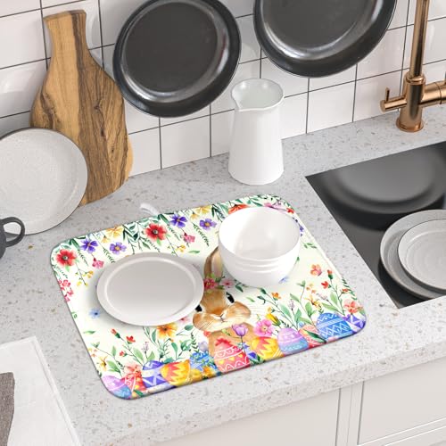 Easter Rabbit Dish Drying Mat Spring Flower Dish Drainer Rack Mats 16x18 inch Absorbent Microfiber Fast Dry Pad Kitchen Counter Accessories (Easter Rabbit Floral / 16" x 18")