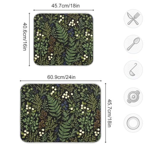 Sage Leaves Botanical Berry Plant Dish Drying Mat for Kitchen Counter Absorbent Microfiber Drying Pad (16" x 18")