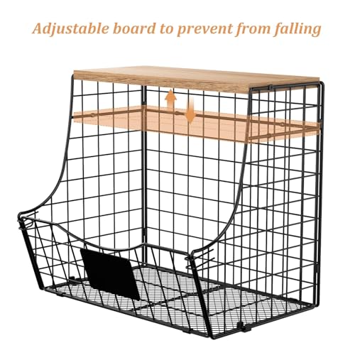 3 Pack wire Fruit Basket for Kitchen with Wood Lid (L-Black)