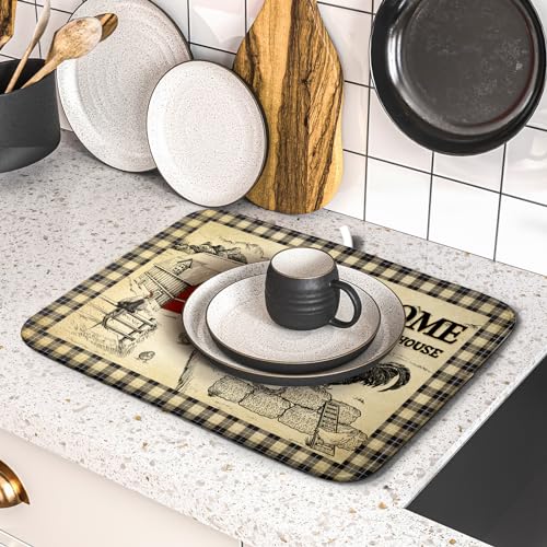Farmhouse Rooster Dish Drying Mat 16x18 Inch Country Chicken Absorbent Dish Drainer Mat Reversible Countertops Protector Pad Kitchen Accessories (Farmhouse Rooster / 16" x 18")