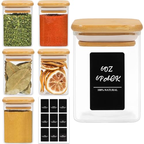 Square Glass Spice Jars with Labels 6 oz 6 Pack with Bamboo Lids (6 Count)