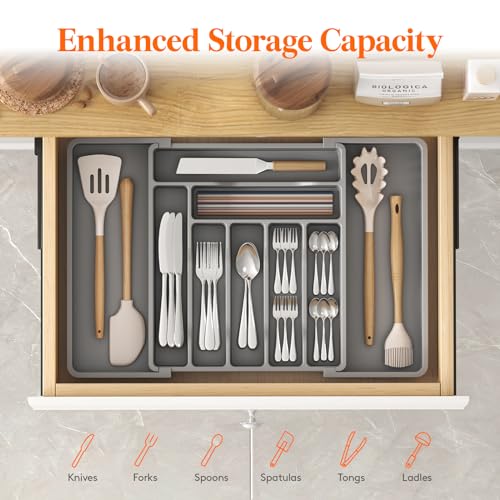 Expandable Silverware Drawer Organizer (Gray / XL (13"-22.4" W × 15"D))