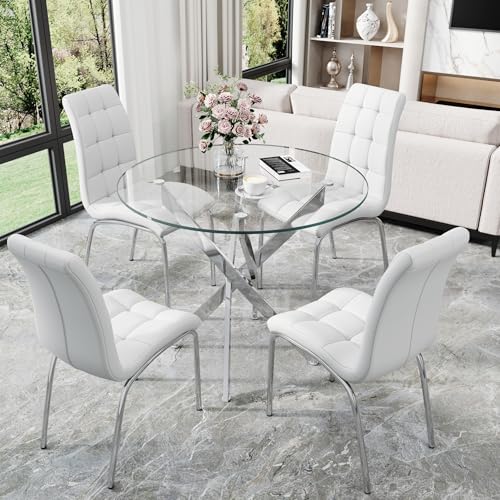 5 Piece Round Glass Dining Table Set (Silver Round Table/White Pu Chairs / 5 Pieces)