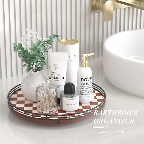 13 Inch Brown White Checkerboard Lazy Susan with Black Metal Rail (Brown & White / 13 inches)