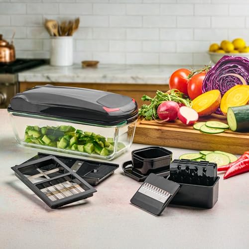 13-in-1 Vegetable Chopper Pro with Glass Container, Stainless Steel Blades, BPA-Free, Mandoline Slicer, Manual