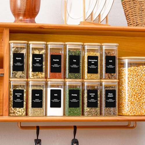 Square Glass Spice Jars with Labels 10 oz 12 Pack with Bamboo Lids (12 Count)