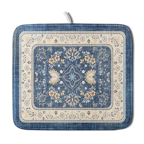 Blue Boho Dish Drying Mat for Kitchen Counter 16x18 Inch Fast Dry Drying Pad Vintage Floral Dish Drainer Rack Mats Coffee Bar Accessories (Blue Boho / 16" x 18")