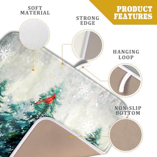 Pine Tree Dish Drying Mat for Kitchen Countertop Red Bird Dishes Mats Winter Decorative Absorbent Reversible Drainer Rack Pad 16x18 Inch (Pine Red Bird / 16" x 18")
