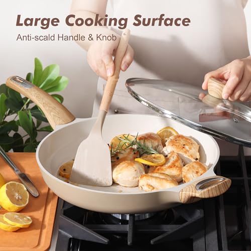 12.5inch Ceramic Nonstick Frying Pan Paella Pan with Lid (12.5 Inch / TAFFEE Taupe)