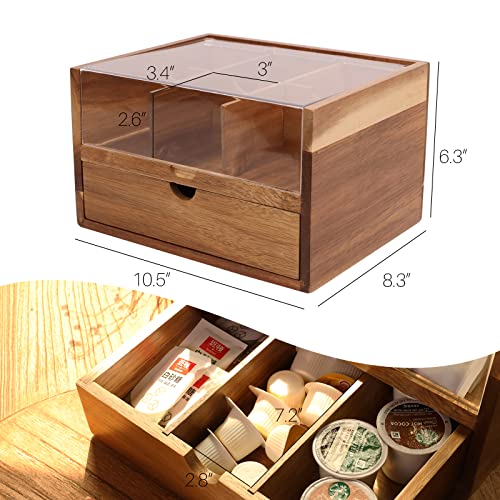 Acacia Wood Tea Organizer 2 Tier with Drawer (2-Tier Acacia Wood)