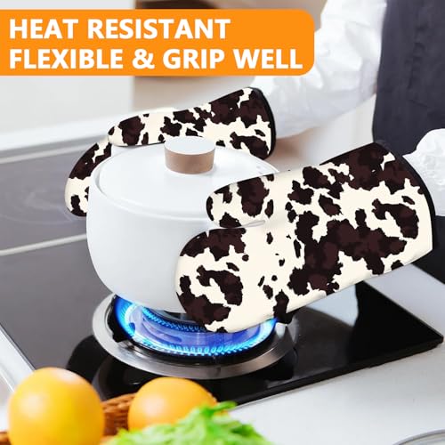 Black Cow Print Oven Mitts and Pot Holders Sets 4Pcs (Black Cowhide)