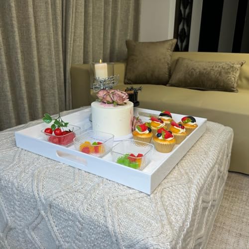 White Acrylic Large Ottoman Tray with Handles 16"x20"x2" Spill Proof Serving Tray Rubber Boot Organizer Tray Decorative for Living Room Bedroom Kitchen Entryway Coffee Table Countertop (White / 20" x 16" x 2")