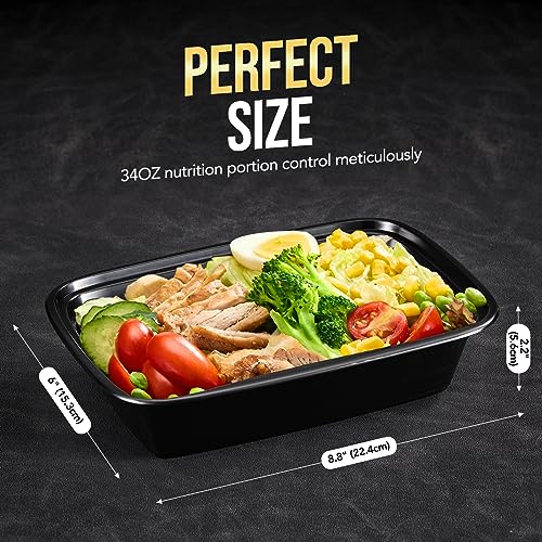 100-Piece (50-Pack) 34 OZ Meal Prep Containers Reusable with Lids, Sturdy Leakproof & Food Safe, Microwave, Freezer, Dishwasher Safe To Go Food Containers, Plastic Take Out Containers, Black (34oz-50pc)
