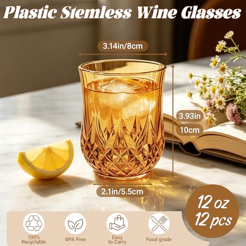 12 Pack Plastic Stemless Wine Glasses (Amber)