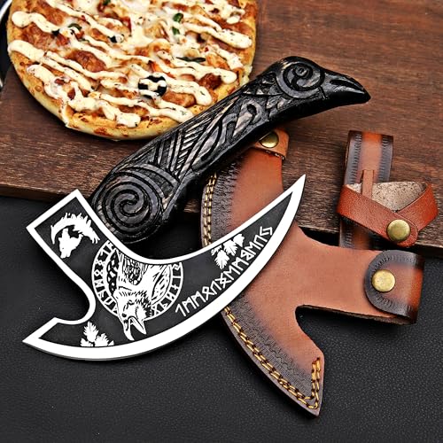 Pizza Cutter Axe Rocker Carbon Steel Slicer Chef Pizza Cutter Viking Axe with Leather Cover (American Eagle)