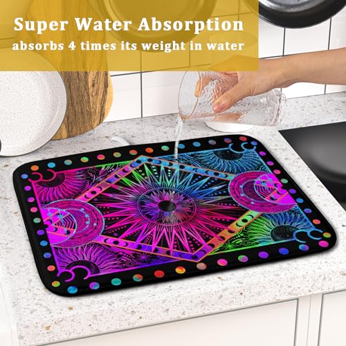 Purple Absorbent Dish Drying Mat Sun and Moon Microfiber Drying Pad for Kitchen Counter Decor Small (Colorful Moon / 18" x 16")