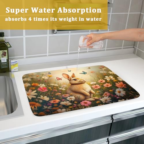 Easter Bunny Dish Drying Mat Flower Butterfly Kitchen Drainer Mat 18x24 inch Absorbent Reversible Dish Rack Pad for Counter Tabletop Decor (Easter Bunny Flower / 18" x 24")