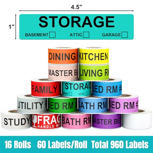 960 Count Color Coding Moving Stickers with 14 Different Living Space Labels (Mov-960 Pcs-16 Rolls)