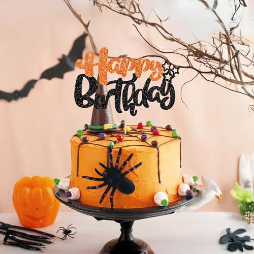 1Pcs Happy Birthday Cake Topper Glitter Happy Birthday Cake Pick for Halloween Baby Shower Theme Anniversary Party Cake Decorations Supplies Black Orange (Style 2 / Black Orange)