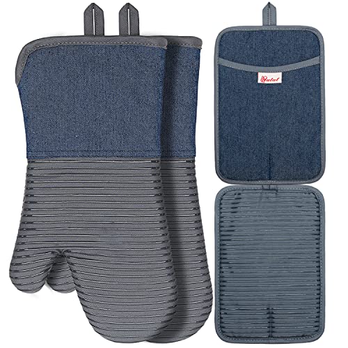 Oven Mitts Pot Holders Set of 4 Made with Pure Cotton and Food Grade Non (4PCS‑13"L x 6"W/Grey‑Denim Striped Surface)
