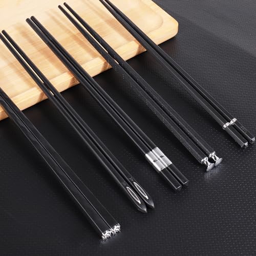 5 Pairs Premium Chopsticks Reusable Dishwasher Safe 9.5 Inch Fiberglass Chop Sticks Gift Set Non Slip Black + Silver (Black + Silver)