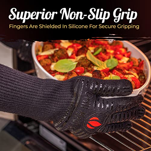 Grill Gloves Heat Proof for Men Grilling BBQ Heat Resistant Gloves (Full Black / Long Cuff - Medium Palm)