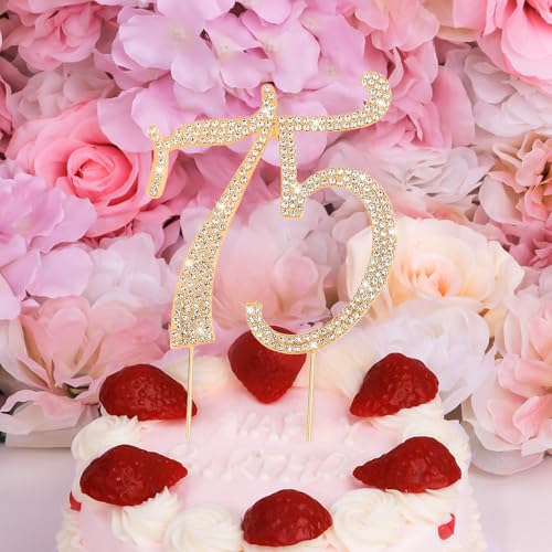 Gold 75th Birthday Cake Topper Rhinestones Cake Decorations for 75th Birthday Party (75th- Gold)