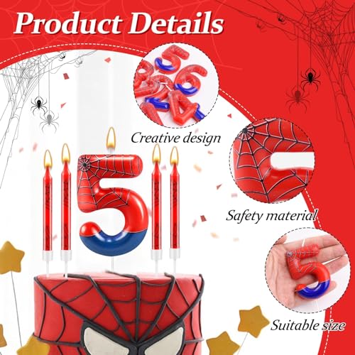 13 Pcs Spider Themed Birthday Candle Set Red Spider Theme Number 5 Candle Cake Topper for Boys Girls Birthday Decoration Spider Party Decoration Supplies (13 Count)