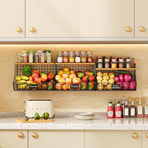3 Pack Extra Large Fruit Basket for Kitchen with Wood Lid Nameplate (3pcs*15.72"*8.66"*10.63")