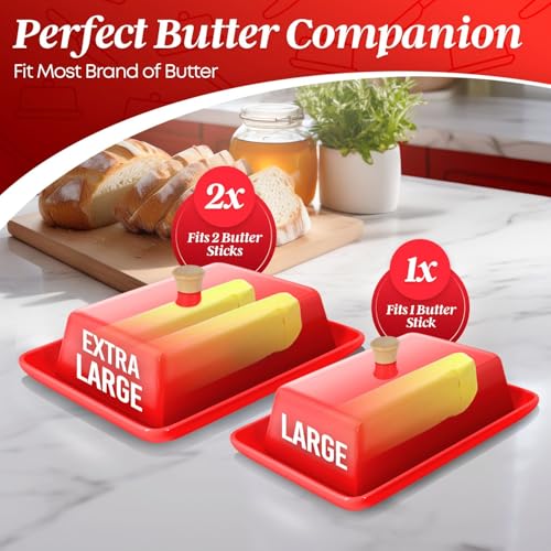 Large Ceramic Butter Dish with Lid for Countertop (Red / Large)