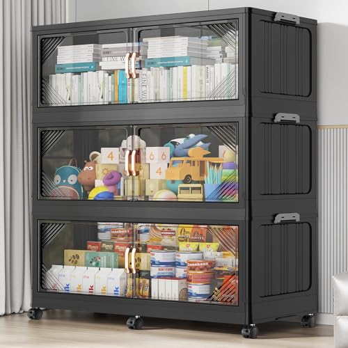 V60 660QT Plastic Stackable Storage Bins with Lid (Black / 220QT-3Pack)