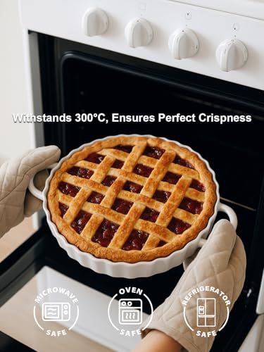 9×2in Deep Ceramic Pie Pan with Handles for Pie Quiche Tart Baking. Easy to grip (White / 9IN*2IN)