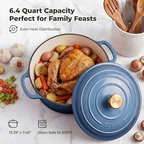 6.4QT Enameled Cast Iron Dutch Oven Pot with Lid (Aquamarine / 6.4 Quart)