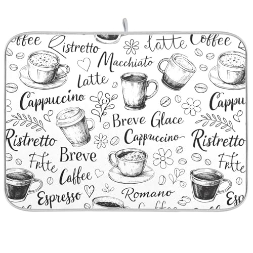 Coffee Cups Print Dish Drying Mat for Kitchen Counter Absorbent Microfiber Drying Pad (16" x 18")