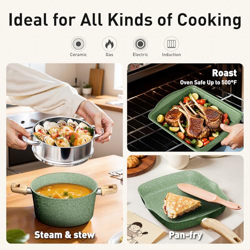 17 Piece Pots and Pans Set (Green / 17 PCS Cookware Set)
