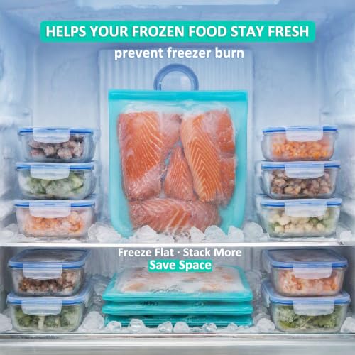 100% Silicone Reusable Gallon Freezer Bags (Aqua| Gallon | 4 Pack Flat)