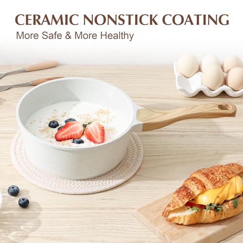 White Ceramic Nonstick Saucepan with Lid Set (White Ceramic / 2.0 + 2.5 Quarts)