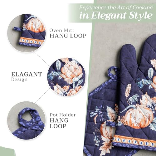 100% Cotton Oven Mitt & Pot Holder Set (072 - Pumpkin Blues / 7.5" x 13" & 8" x 8" (Oven Mitt & Pot Holder))
