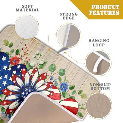 Independence Day Dish Drying Mat 16x18 inch Patriotic Love Heart Fast Dry Microfiber Dishes Drainer Rack Pad Kitchen Counter Accessories (Patriotic Floral Heart / 16" x 16")