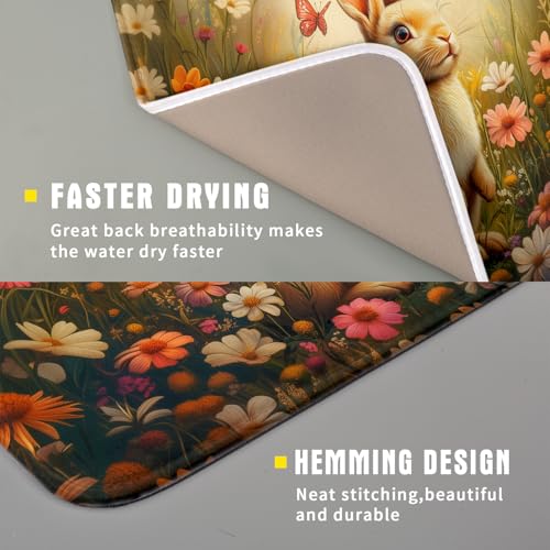 Easter Bunny Dish Drying Mat Flower Butterfly Kitchen Drainer Mat 16x18 inch Absorbent Reversible Dish Rack Pad for Counter Tabletop Decor (Easter Bunny Flower / 16" x 18")