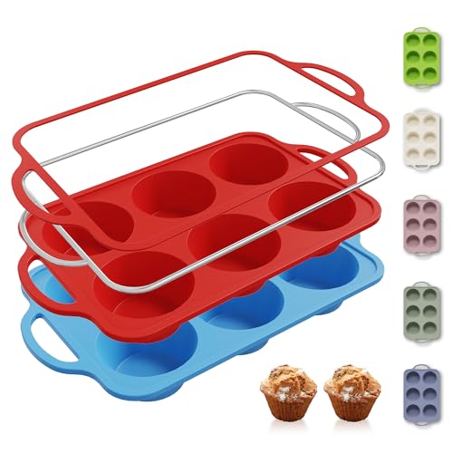 2 Packs 6 Cups Silicone Muffin Pan with Metal Reinforced Frame Jumbo Size Cupcake Pan Tray Egg Bites Cookie Molds Muffin Tin Tart Pans Moldes De Silicona Para Gelatina Hornear Flan Chocoflan (2pc: 6-Cup Jumbo / Red & Blue)