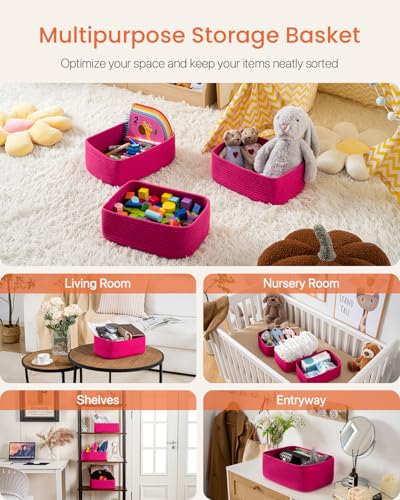 Small Woven Storage Basket for Organizing (Hot Pink / 12"L x 8"W x 4.5"H)
