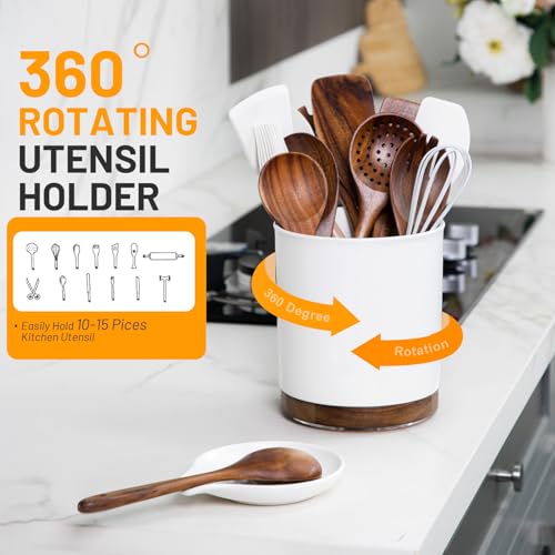 Ceramic Rotating Utensil Holder with Spoon Rest for Kitchen Counter White (White & Spoon Rest)