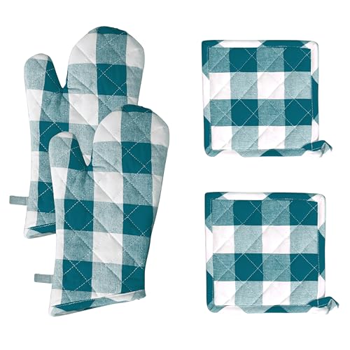 Buffalo Plaid Check Oven Mitts and Pot Holders Set of 4 (Buffalo, Teal Green)